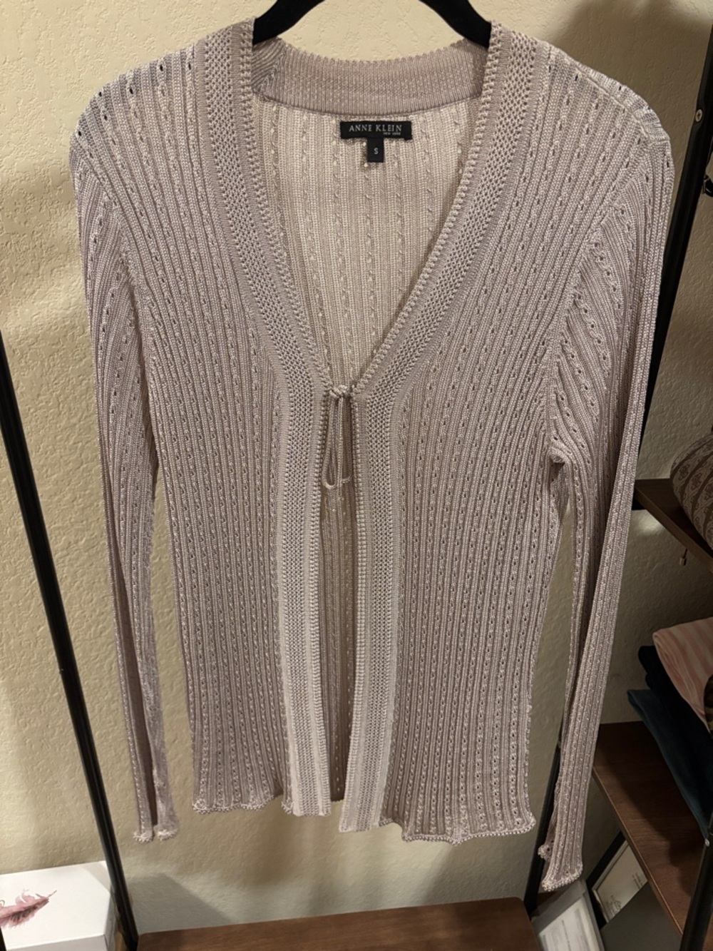 Vintage Anne Klein Silver/Lavender Tie-Front Open Knit Cardigan